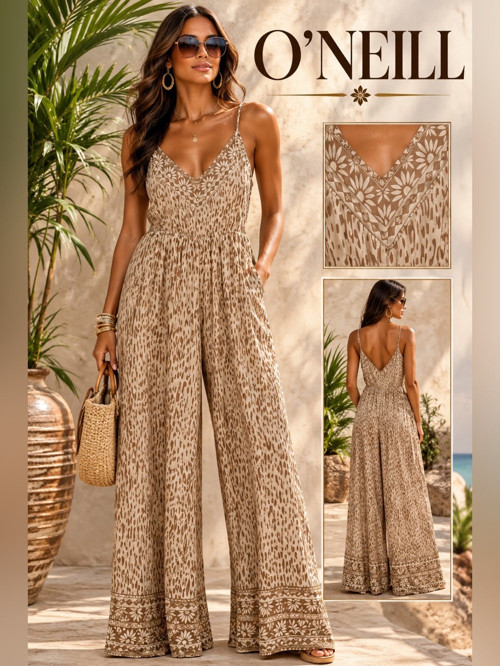 O'Neill Beige Floral-Trim Printed Wide-Leg Jumpsuit